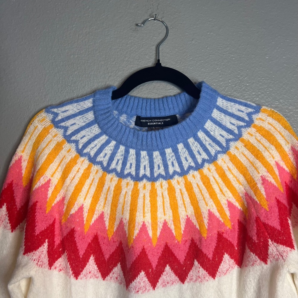 French Connection Sweater Sz XS White Fair Isle Wool Blend Pullover Ski Alpine - Picture 3 of 6